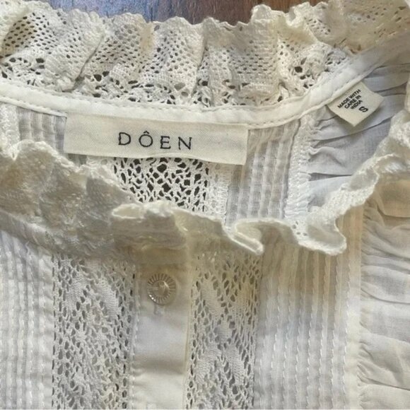 Doen Hallie White Pintuck Lace Ruffle Organic Cotton Blouse - Small - Picture 4 of 9